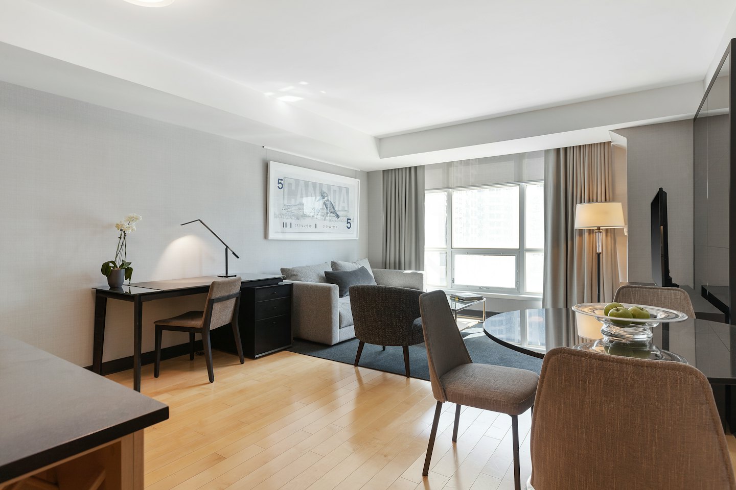 Modern apartment interior featuring a desk and sofa.
